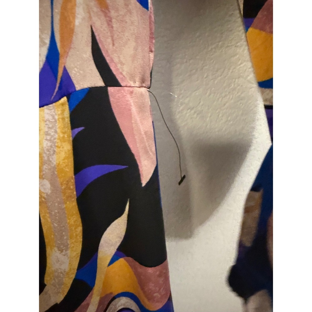 Maggy London Blue Purple Botanical Leaf Print Ruffle Hem Midi Dress Size 14 - Picture 3 of 12